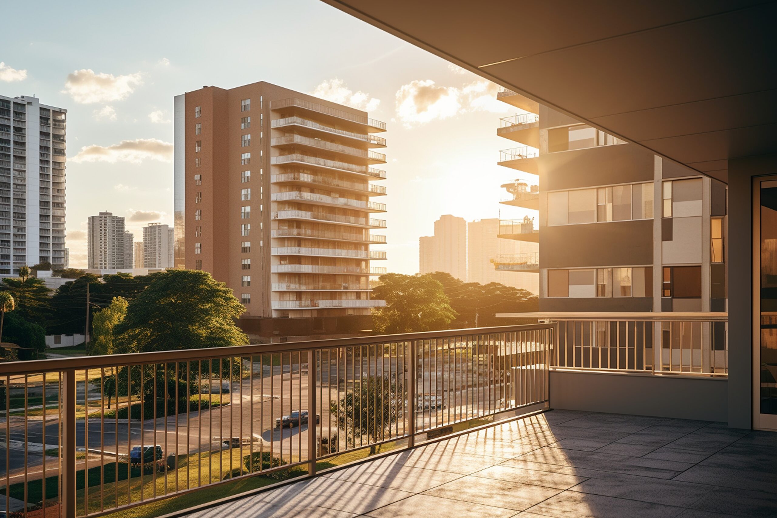 golden hour glow shining buildings from modern apartment